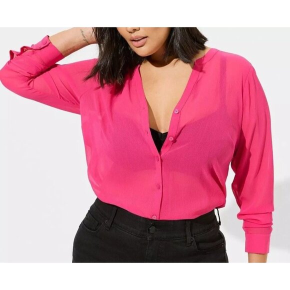 Torrid Chiffon Blouse 3X Welt Pocket Pullover Long Sleeve Pink Peacock Sheer NEW - Picture 1 of 16